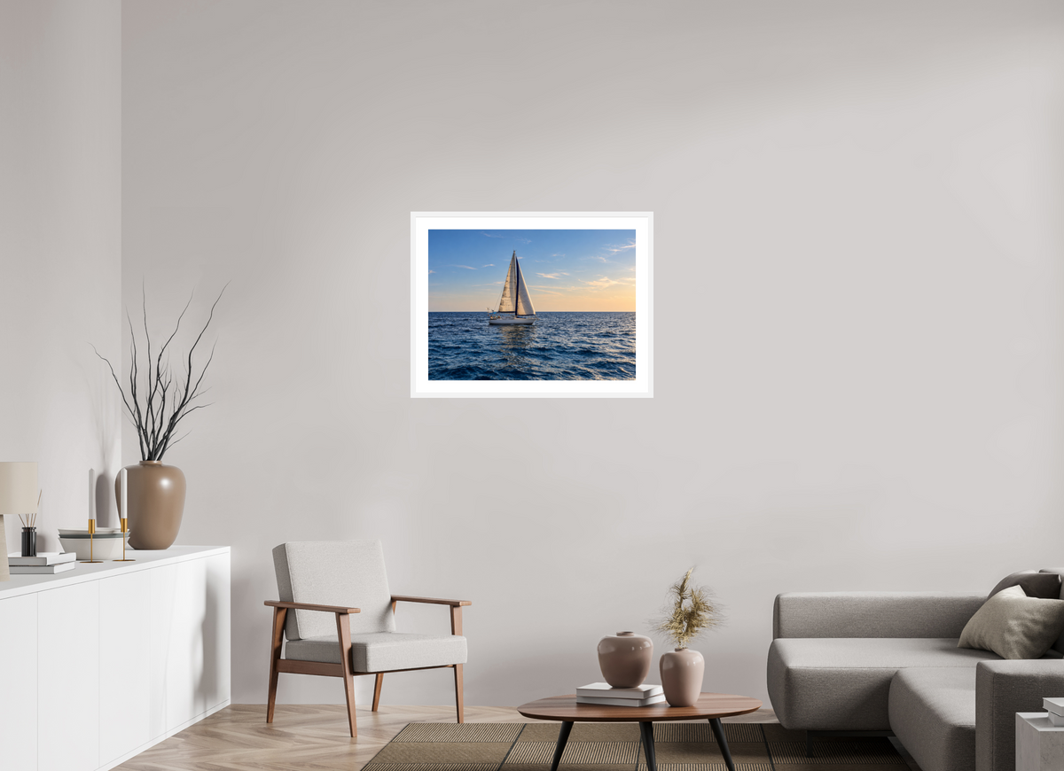 82 x 60 cm, Fineartprint im Rahmen - weiß Sailing into Gold – Mallorca