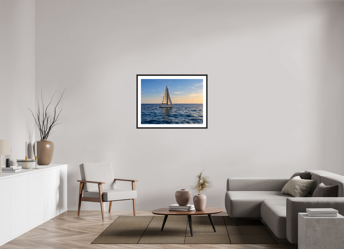 95,6 x 70 cm, Fineartprint im Rahmen - schwarz Sailing into Gold – Mallorca