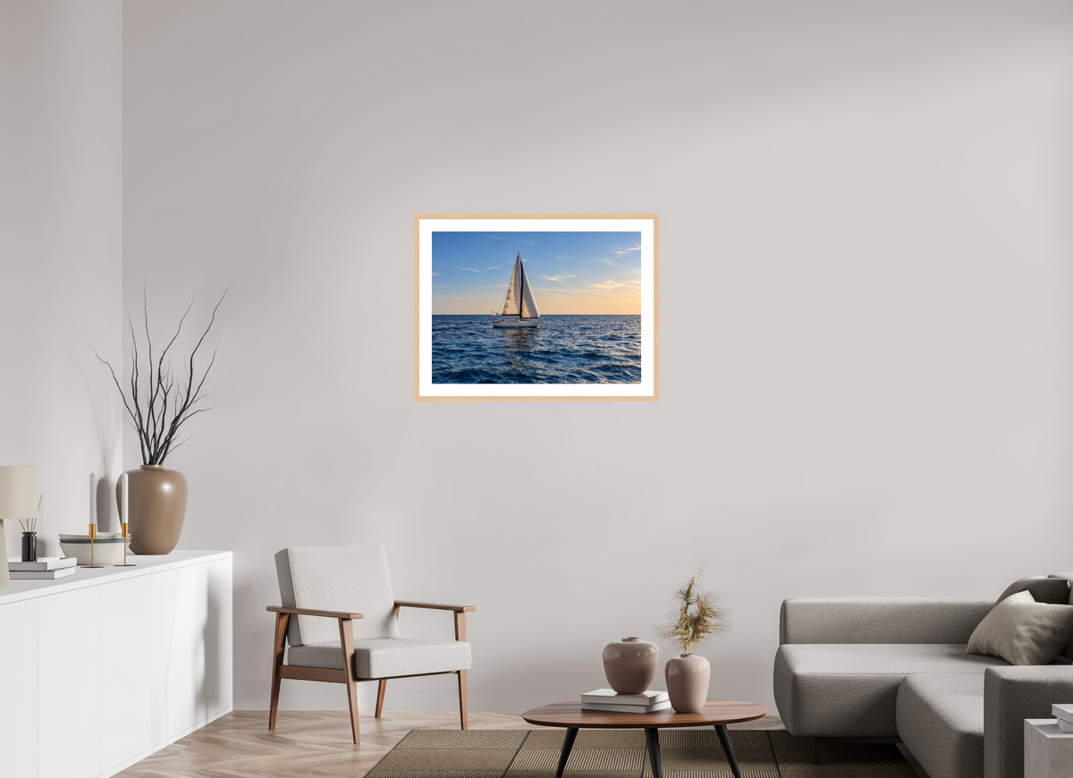 82 x 60 cm, Fineartprint im Rahmen - natur Sailing into Gold – Mallorca