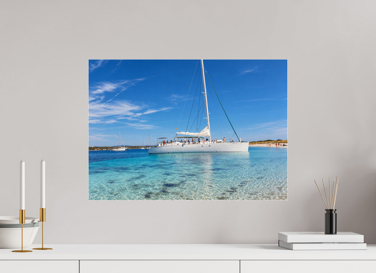 DIN A2 (59,4 x 42 cm), Photo Print Under Acrylic Glass Azure Serenity – Sailboat on Turquoise Waters