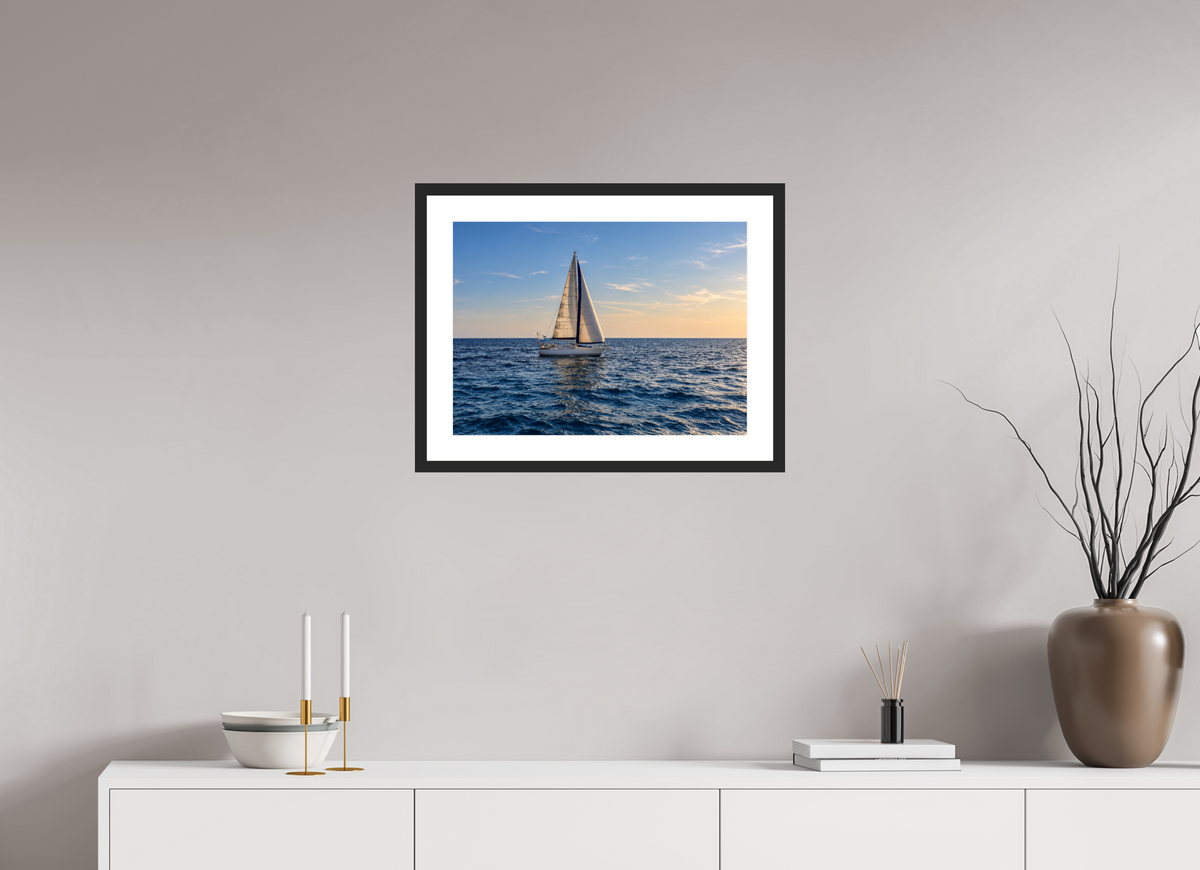 54,7 x 40 cm, Fineartprint im Rahmen - schwarz Sailing into Gold – Mallorca