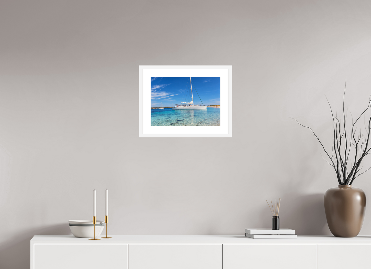 DIN A3 (42 x 29,7 cm), Fineartprint im Rahmen - weiß Azure Serenity – Sailboat on Turquoise Waters
