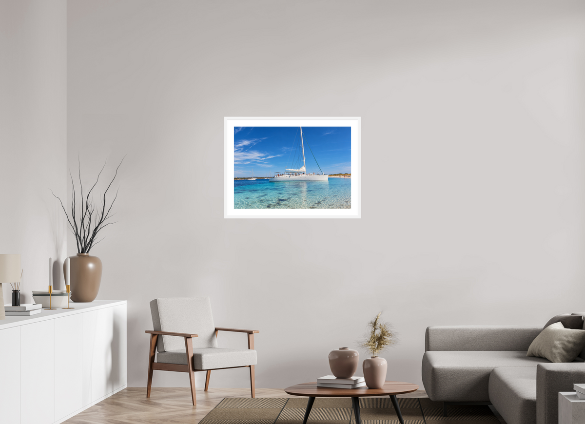 DIN A1 (84,1 x 59,4 cm), Fineartprint im Rahmen - weiß Azure Serenity – Sailboat on Turquoise Waters
