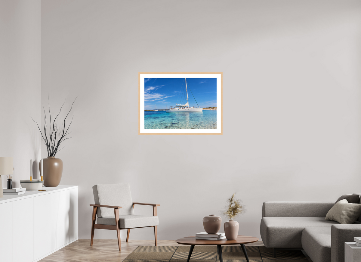 DIN A1 (84,1 x 59,4 cm), Fineartprint im Rahmen - natur Azure Serenity – Sailboat on Turquoise Waters