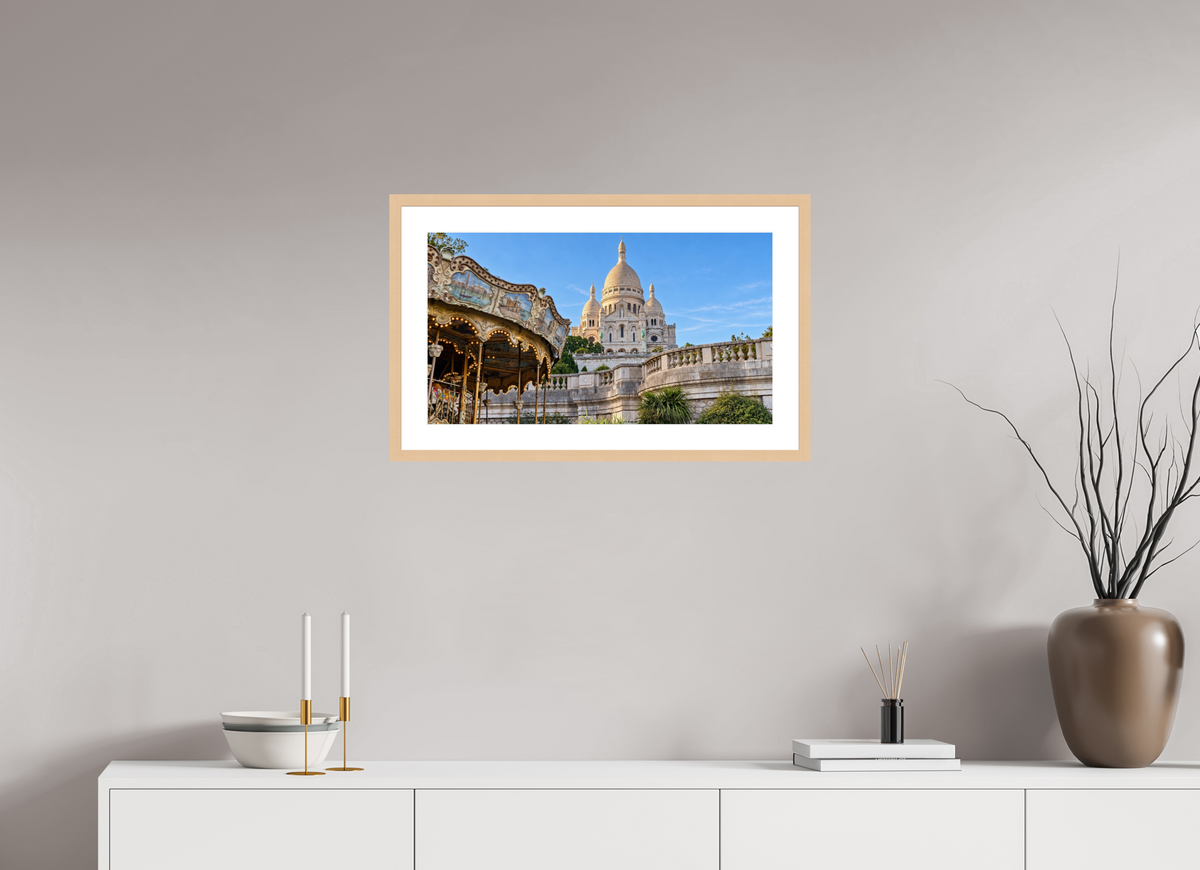 64 x 36 cm, Fineartprint im Rahmen - natur Montmartre Carousel – Sacré-Cœur, Paris