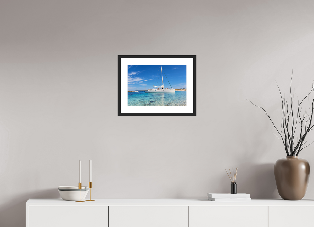 DIN A3 (42 x 29,7 cm), Fineartprint im Rahmen - schwarz Azure Serenity – Sailboat on Turquoise Waters