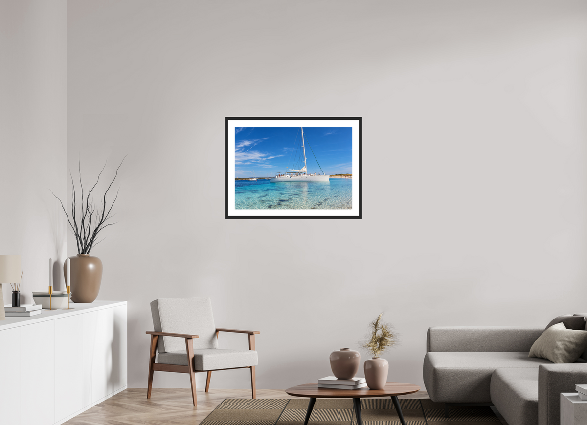 DIN A1 (84,1 x 59,4 cm), Fineartprint im Rahmen - schwarz Azure Serenity – Sailboat on Turquoise Waters