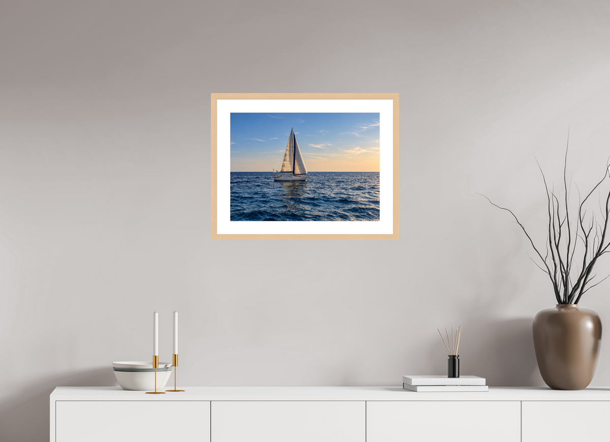 54,7 x 40 cm, Fineartprint im Rahmen - natur Sailing into Gold – Mallorca