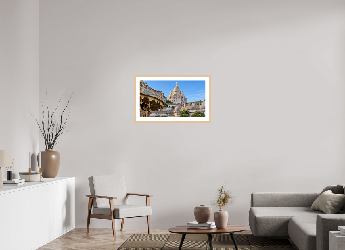 80 x 45 cm, Fineartprint im Rahmen - natur Montmartre Carousel – Sacré-Cœur, Paris