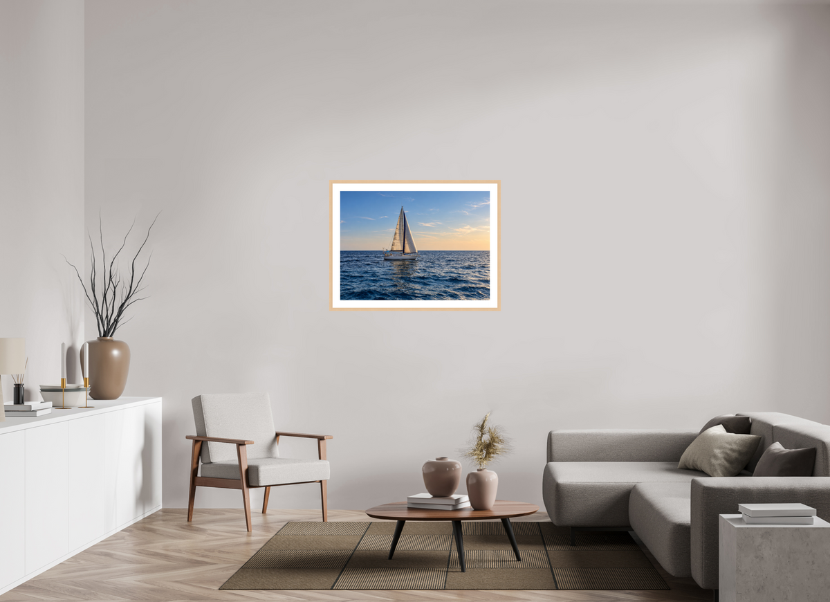 95,6 x 70 cm, Fineartprint im Rahmen - natur Sailing into Gold – Mallorca