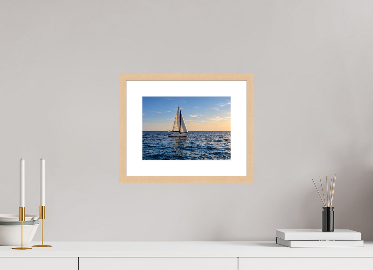 27,3 x 20 cm, Fineartprint im Rahmen - natur Sailing into Gold – Mallorca