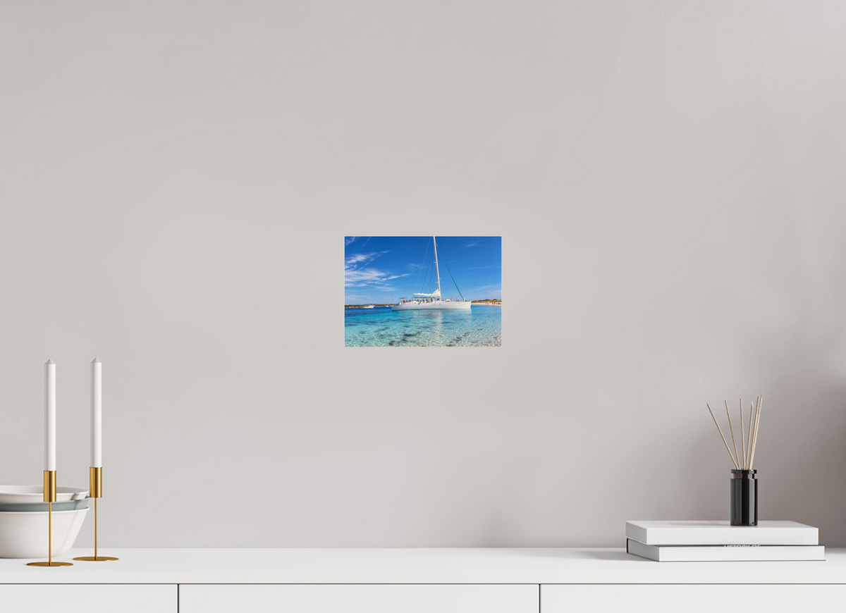 DIN A5 (21 x 14,8 cm), Photo Print Under Acrylic Glass Azure Serenity – Sailboat on Turquoise Waters
